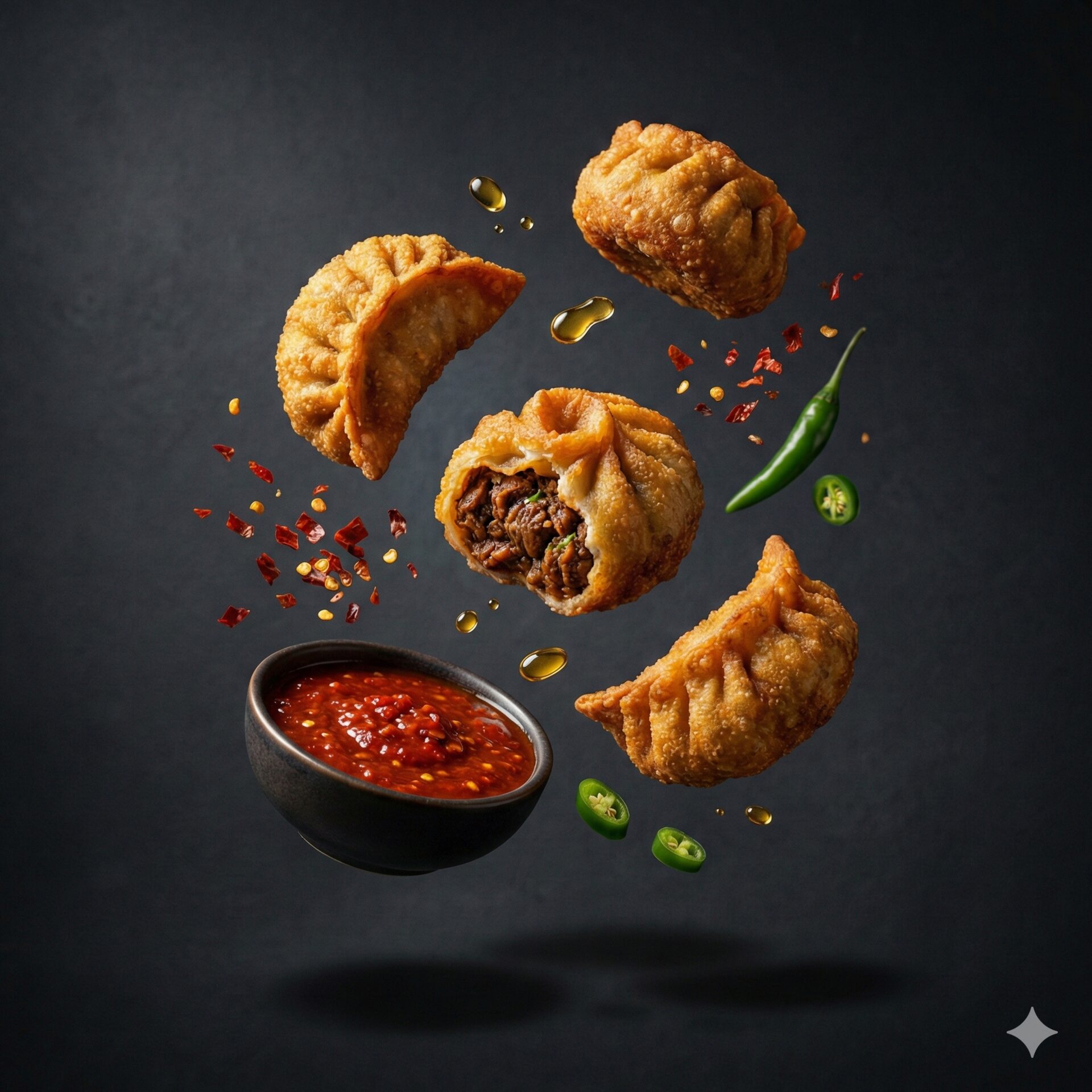 Crispy golden fried buff momos with a crunchy exterior, served with spicy dipping sauce