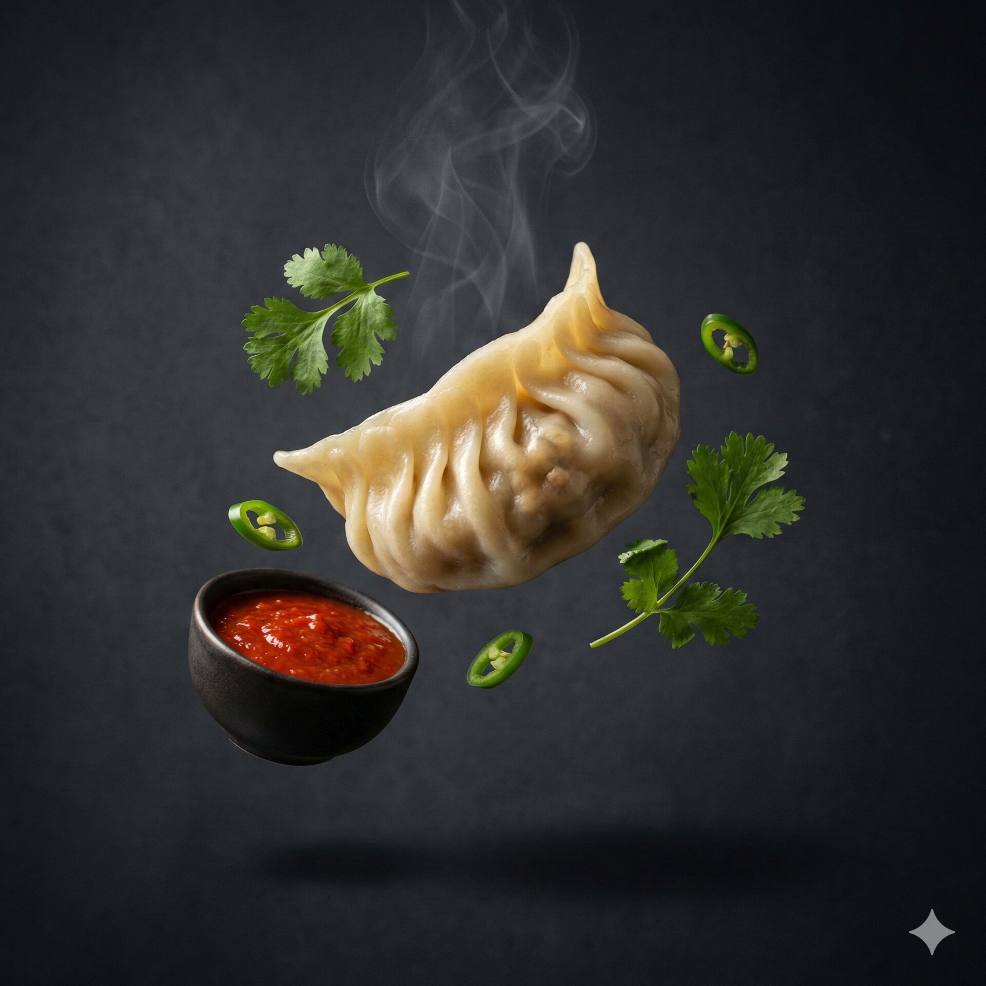 Close-up of freshly steamed Nepali momos with visible pleats, served on a dark plate with dipping sauce