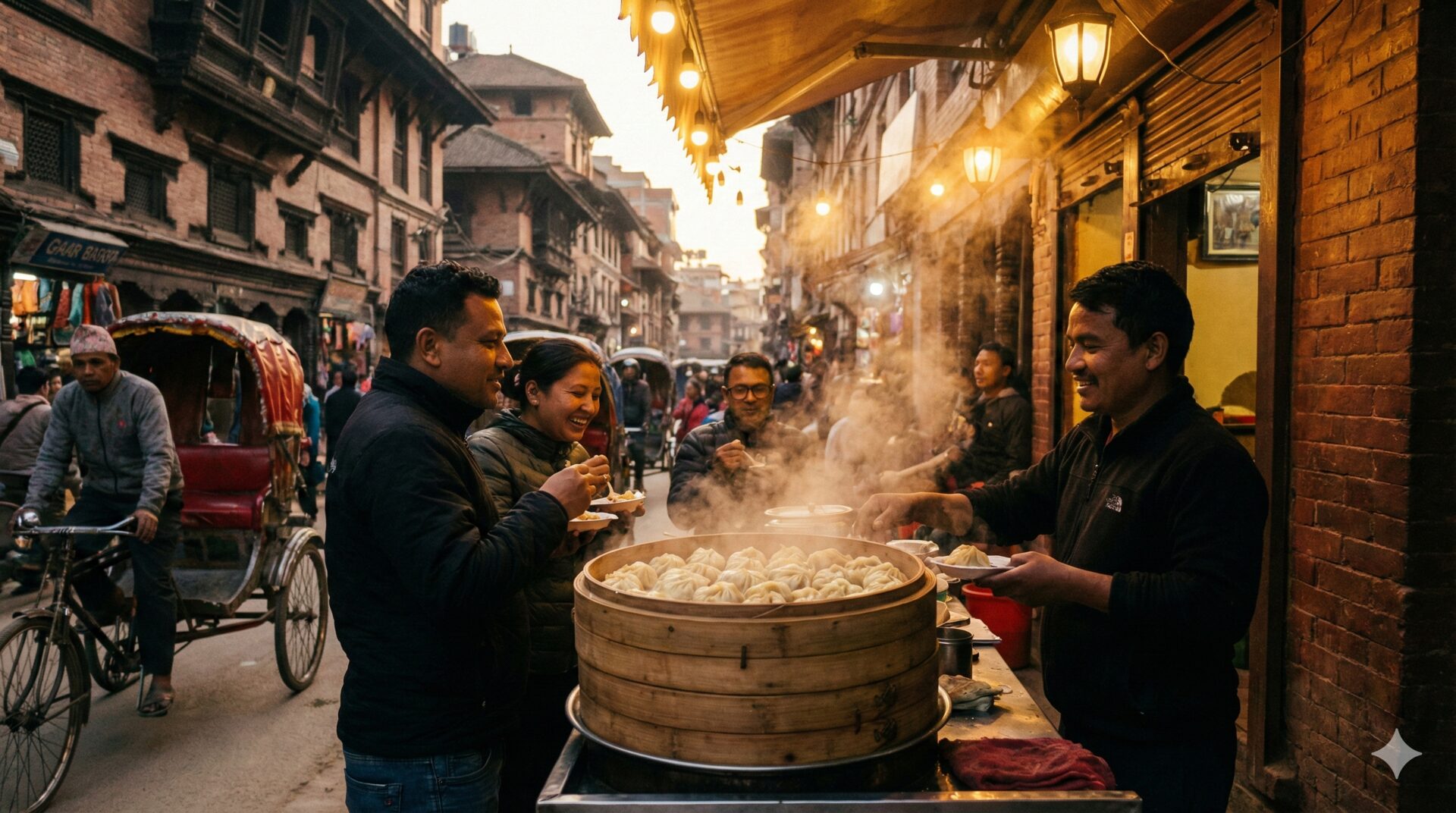A bustling Kathmandu street food stall serving momos