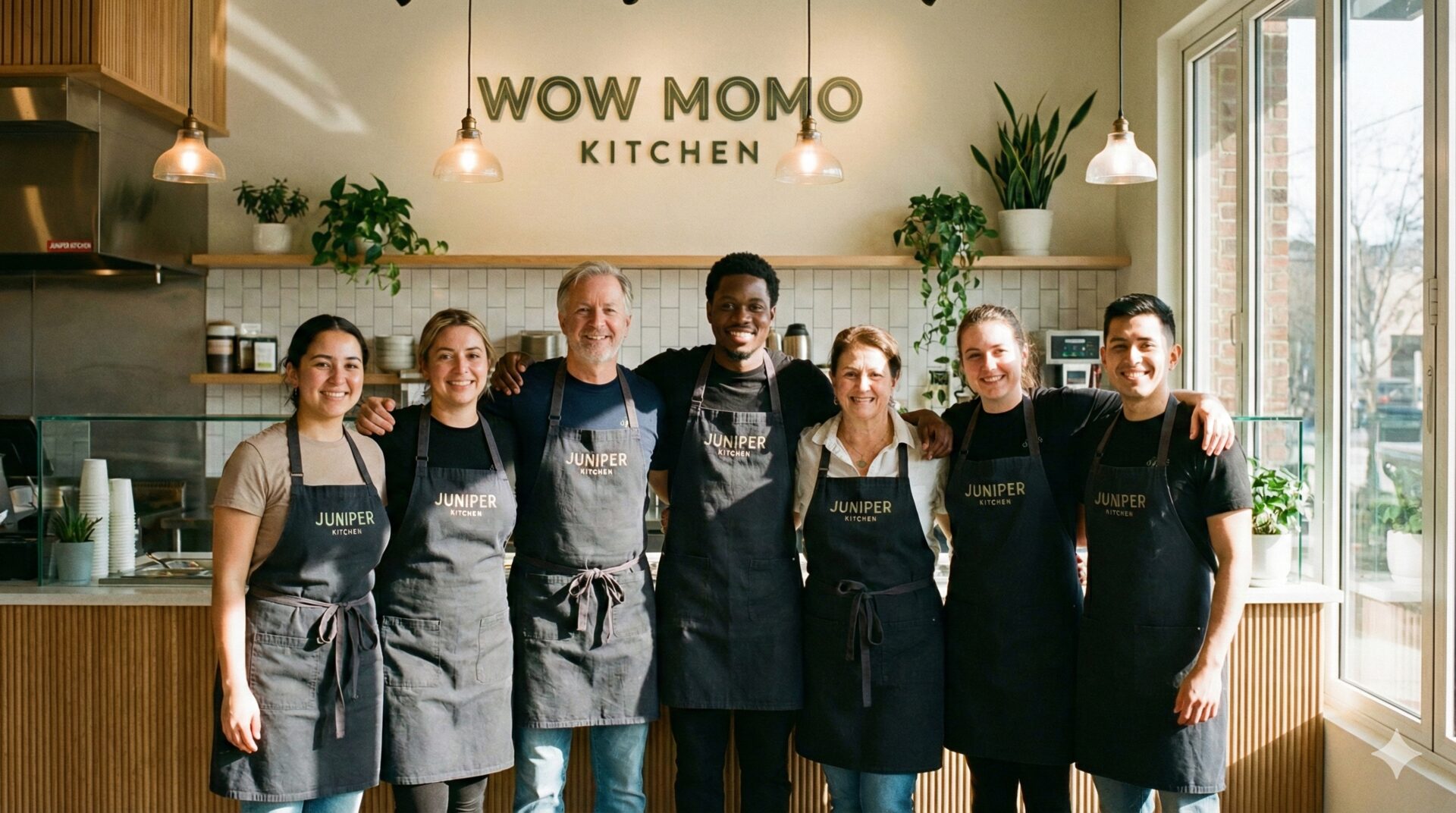 The WoW!!! Mo:Mo team smiling in front of the restaurant
